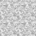 Hand drawn seamless pattern with town houses