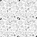 Hand drawn seamless pattern with travel icons. Summer vacation. Doodle, sketch. Traveling, holidays, relaxation Royalty Free Stock Photo