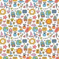Hand drawn seamless pattern with travel icons. Summer vacation. Doodle, sketch. Traveling, holidays, relaxation Royalty Free Stock Photo