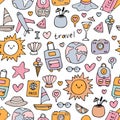 Hand drawn seamless pattern with travel icons. Summer vacation. Doodle, sketch. Traveling, holidays, relaxation Royalty Free Stock Photo