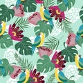 Hand drawn seamless pattern with tropical birds, flowers and leaves on blue background. Vector flat illustration of Royalty Free Stock Photo