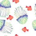 Hand drawn seamless pattern of tropical fish and medusa in a watercolor style Royalty Free Stock Photo