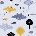 Hand Drawn Seamless Pattern with Underwater Creatures. Creative Childish Background with Fish and Stingray for Fabric