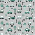 Hand drawn seamless pattern with urban cars and houses. Perfect for T-shirt, textile and prints. Doodle illustration