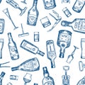 Hand drawn seamless pattern with various alcohol bottles