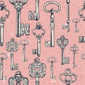 Hand-drawn seamless pattern of various vintage keys.