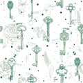 Hand-drawn seamless pattern of various vintage keys.