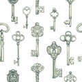 Hand-drawn seamless pattern of various vintage keys.