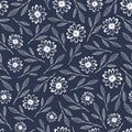Hand drawn seamless pattern vector of white flowers, branches and leaves. Abstract floral doodle illustration for Women`s Day, Royalty Free Stock Photo