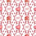 Hand drawn seamless pattern watercolor postal envelope, heart. Inscription With Love. Illustration for design Valentine`s Day or