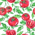 Hand drawn seamless pattern with watercolor red tomatoes and leaves. Royalty Free Stock Photo