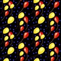 Hand drawn seamless pattern watercolor  red and yellow  flying balloons,confetti  isolated on black background. Royalty Free Stock Photo