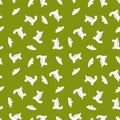 Hand drawn seamless pattern of white dinosaurs and striped clouds.