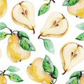 Hand-drawn seamless pattern with whole yellow pear with green leaves and cross section of yellow pear