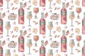 Hand drawn seamless pattern with wine glasses, bottles, cheese, and and latin lettering in vino veritas