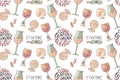 Hand drawn seamless pattern with wine glasses, lemons, cheese, and lettering Save water drink wine