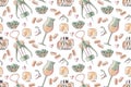 Hand drawn seamless pattern with wine glasses, olives, and latin lettering in vino veritas
