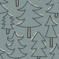 hand drawn seamless pattern with winter fir spruce christmas tree forest wood woodland. Boho bohemian background in