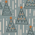hand drawn seamless pattern with winter fir spruce christmas tree forest wood woodland. Boho bohemian background in