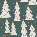 hand drawn seamless pattern with winter fir spruce christmas tree forest wood woodland. Boho bohemian background in