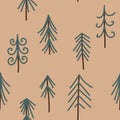 hand drawn seamless pattern with winter fir spruce christmas tree forest wood woodland. Boho bohemian beige green