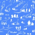 Hand drawn seamless pattern winter landscape with houses in doodle incomplete style.