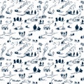 Hand drawn seamless pattern winter landscape with houses in doodle incomplete style.