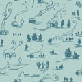 Hand drawn seamless pattern winter landscape with houses in doodle incomplete style.