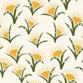 Hand drawn seamless pattern with yellow flowers in shape of sun green leaves on beige background. Dew drop on leaf Royalty Free Stock Photo