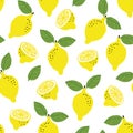 Hand drawn seamless pattern with yellow lemon fruit and leaves. Summer retro fabric design, cartoon illustration, vector