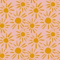 Hand drawn seamless pattern with yellow suns on pink background. Boho bohemian summer print, sunshine sunrise sunset