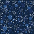 Hand drawn seamless repeat pattern with starfish in clasic blue background. Vector Hand drawn illustration for kids