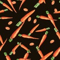 Hand drawn seamless repeated pattern with watercolor ripe orange carrots