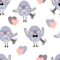 Hand drawn seamless romantic pattern with birds and hearts. Perfect for T-shirt, textile and print. Doodle vector illustratio Royalty Free Stock Photo