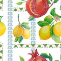 Hand drawn seamless surface pattern design of lemons and pomegranate