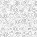 Hand-drawn seamless sweet breakfast pattern, black and white vector image.