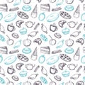 Hand drawn seamless texture of sweets doodles.