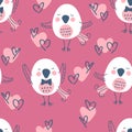 Hand drawn seamless valentine pattern with birds and hearts. Perfect for T-shirt, textile and print. Doodle vector illustration Royalty Free Stock Photo