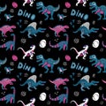 Hand drawn seamless vector pattern with cute dinosaurs, eggs and linear decor. Repetitive wallpaper on black background. Perfect Royalty Free Stock Photo