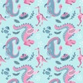 Hand drawn seamless vector pattern with cute dinosaurs, eggs in nest linear decor. Repetitive wallpaper on blue background. Royalty Free Stock Photo