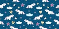 Hand drawn seamless vector pattern with cute unicorns. Repetitive wallpaper on dark blue background. Perfect for fabric, wallpaper Royalty Free Stock Photo