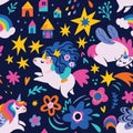 Hand drawn seamless vector pattern with cute unicorns, stars, houses and princess in the sky.