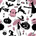 Hand drawn seamless vector pattern with cute witches gorls in Halloween costumes, on a white background. Scandinavian style flat