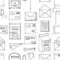 Hand drawn seamless vector pattern. Mail, post, letter, envelope, paper plane,mailbox cartoon Set. Delivery Doodle decorative elem