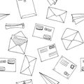 Hand drawn seamless vector pattern. Mail, post, letter, envelope, paper plane,mailbox cartoon Set. Vector illustration. Delivery D