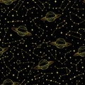 Hand drawn seamlesss pattern with gold zodiac constellations and planets Royalty Free Stock Photo