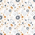 Hand drawn seamstress seamless pattern with illustration of watercolor retro sewing tools. Sewing kit, accessories for Royalty Free Stock Photo