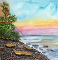 Hand drawn seascape watercolor painting. Landscape with rocks and green plants. Sketch style. Summer drawing. Blue, yellow and pin