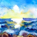 Hand drawn seascape watercolor painting. Landscape with waves and brown rocky beach. Sketch style. Summer drawing. Blue and yellow
