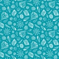 Hand-drawn seashells on blue background. Non directional seamless pattern. Vector Royalty Free Stock Photo